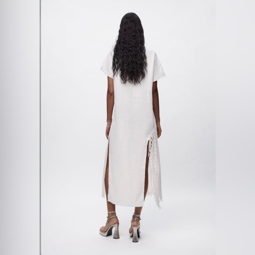 Zara Fringed White Linen Dress - Picture 5 of 9